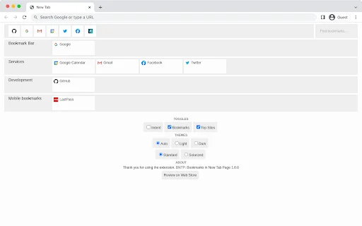 BNTP: Bookmarks in New Tab Page डाउनलोड करें – सर्वश्रेष्ठ बुकमार्क मैनेजर - Screenshot 1