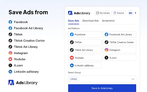 Ad Library एक्सटेंशन डाउनलोड करें – Facebook और Instagram विज्ञापन सेव करें - Screenshot 1